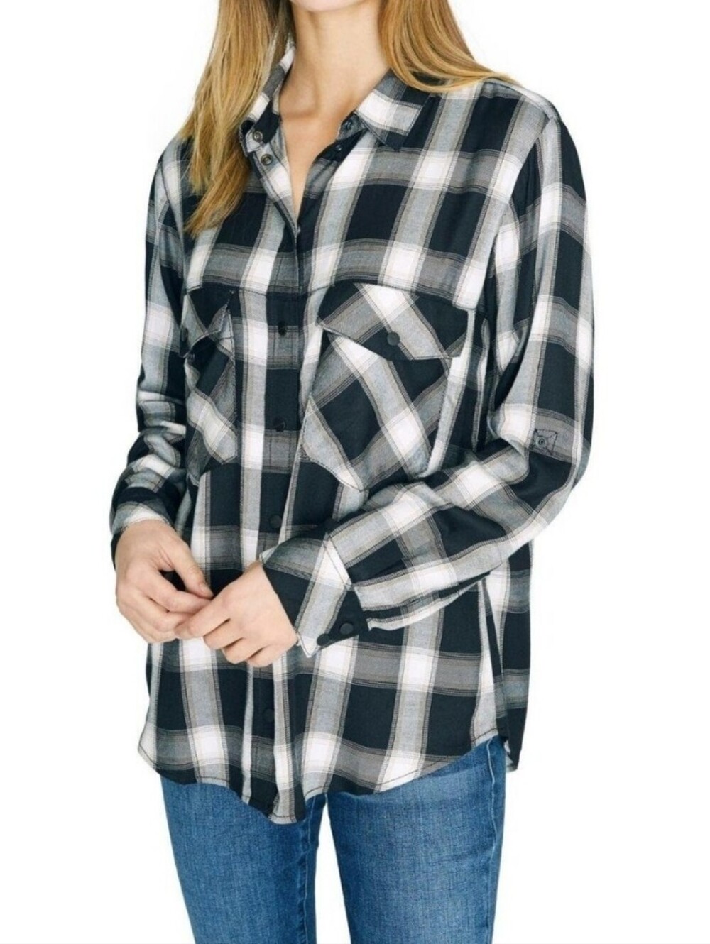 Sanctuary Plaid Snap Front Tab Sleeve Rayon Top L